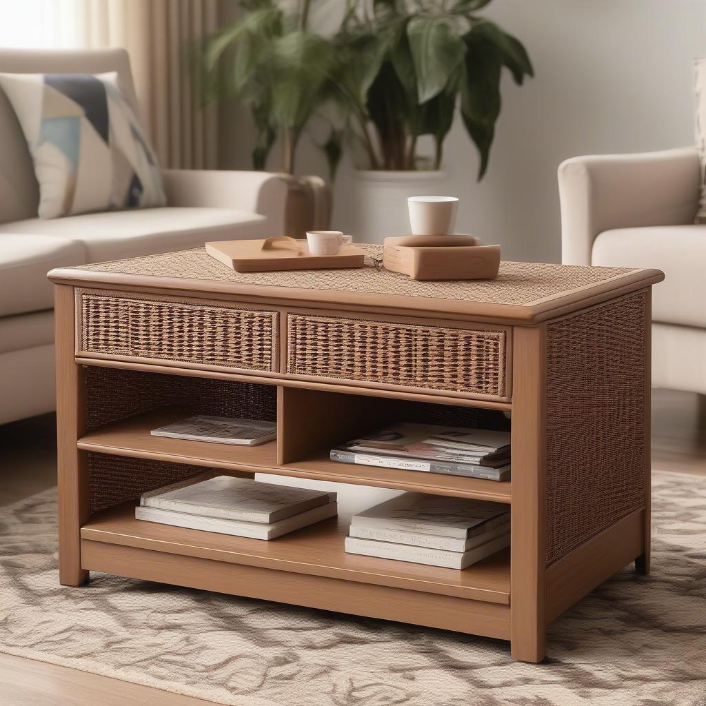 Wicker storage coffee table in a cozy living room setting