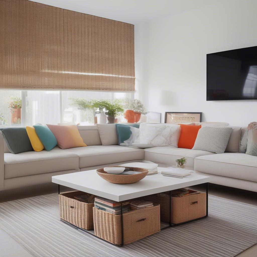 Organized living room with a wicker storage coffee table