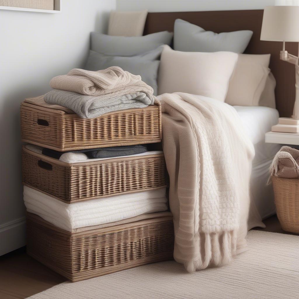 Wicker storage container used for bedroom organization