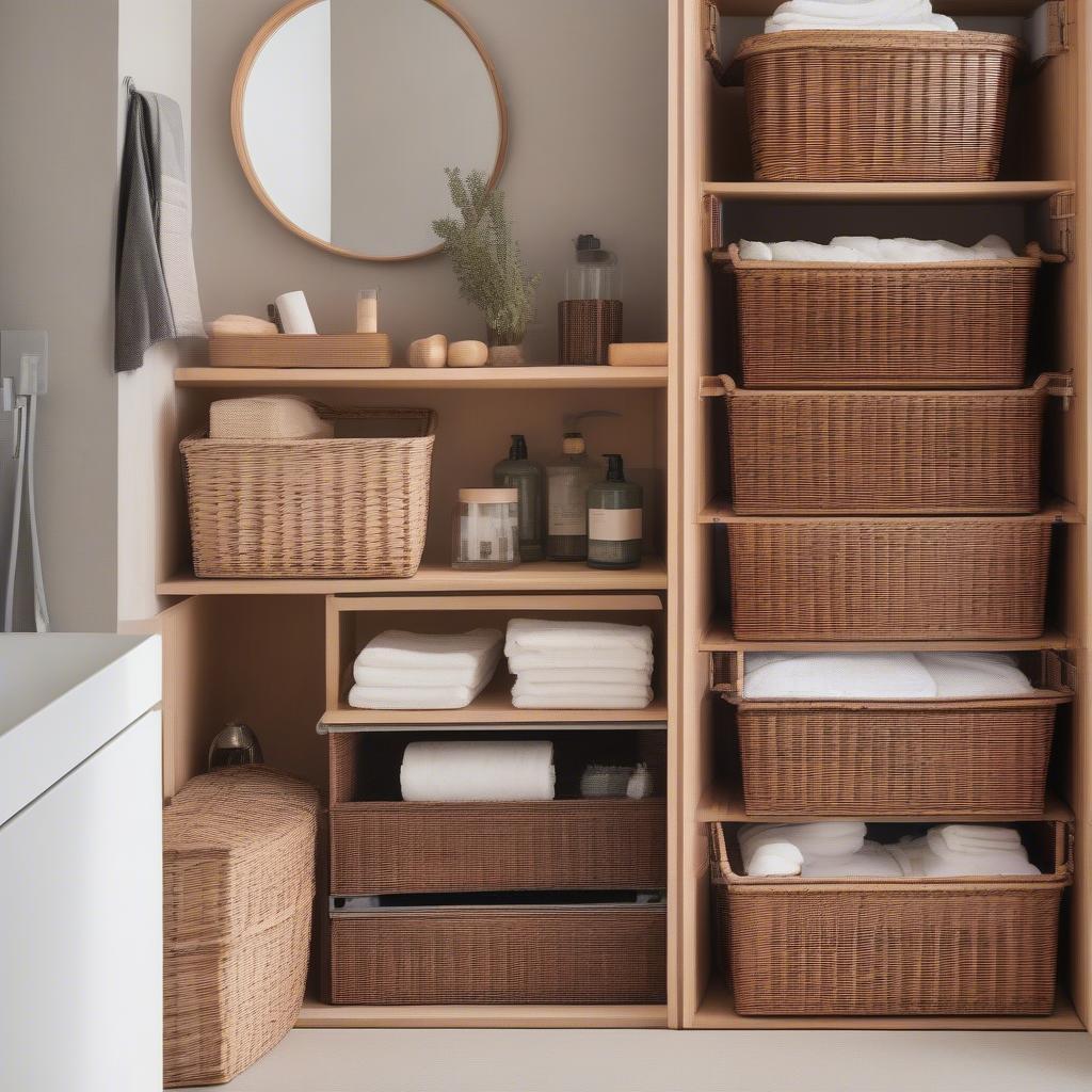 Wicker storage containers in kitchen and bathroom settings