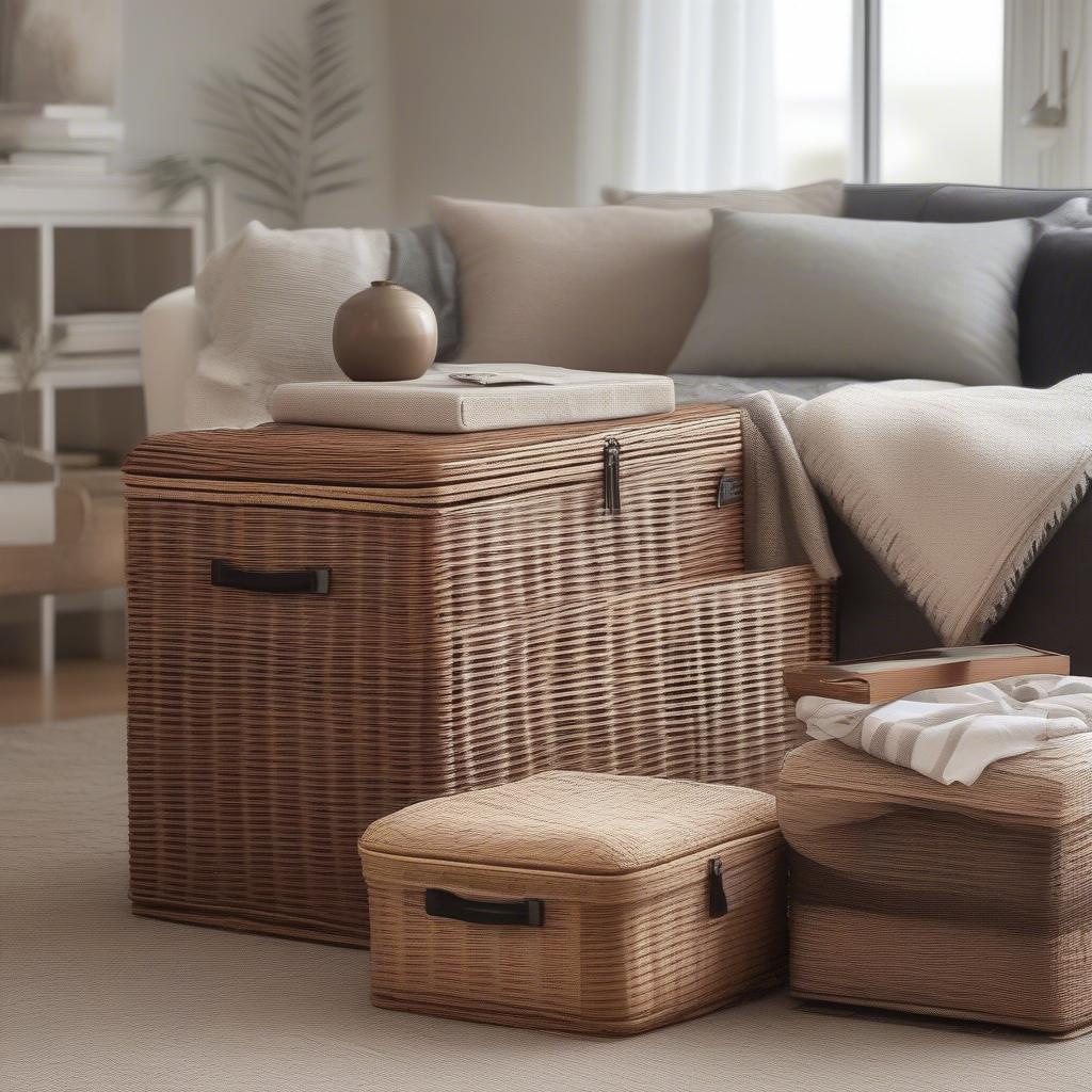 Wicker storage containers with lids in a living room setting