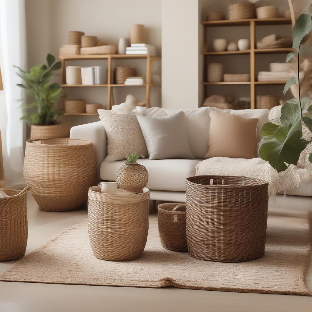 Wicker storage containers in a living room setting