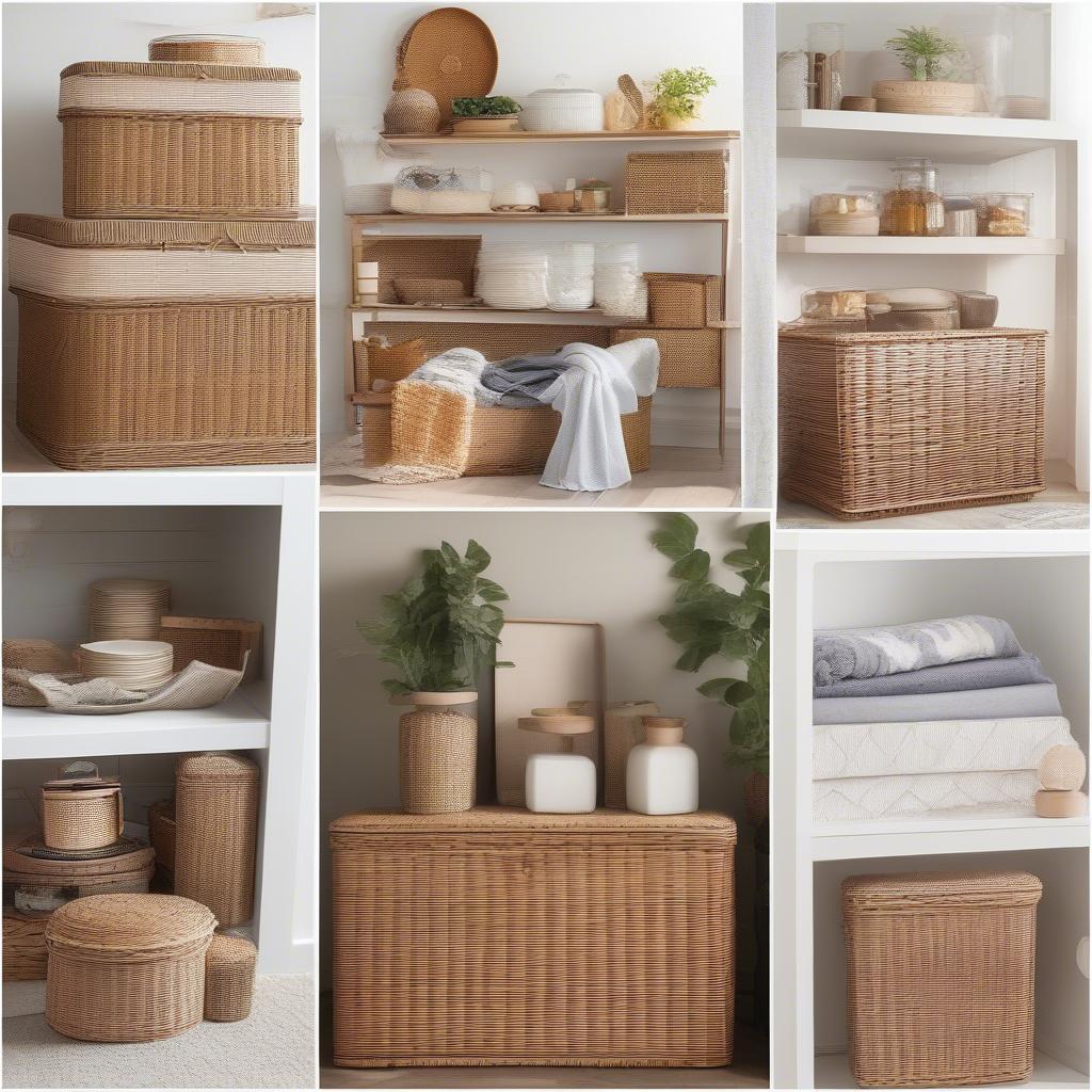 Wicker storage containers with lids in various rooms