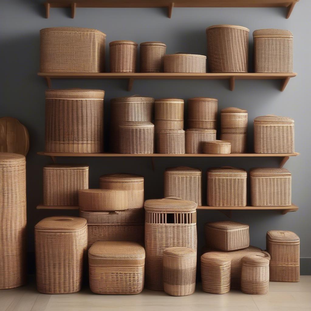 Various wicker storage containers with lids, showcasing different sizes, shapes, and weaving patterns.