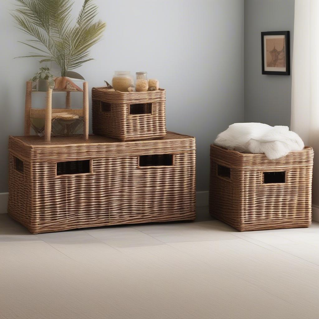 Various styles and sizes of wicker storage crates displayed in different room settings.