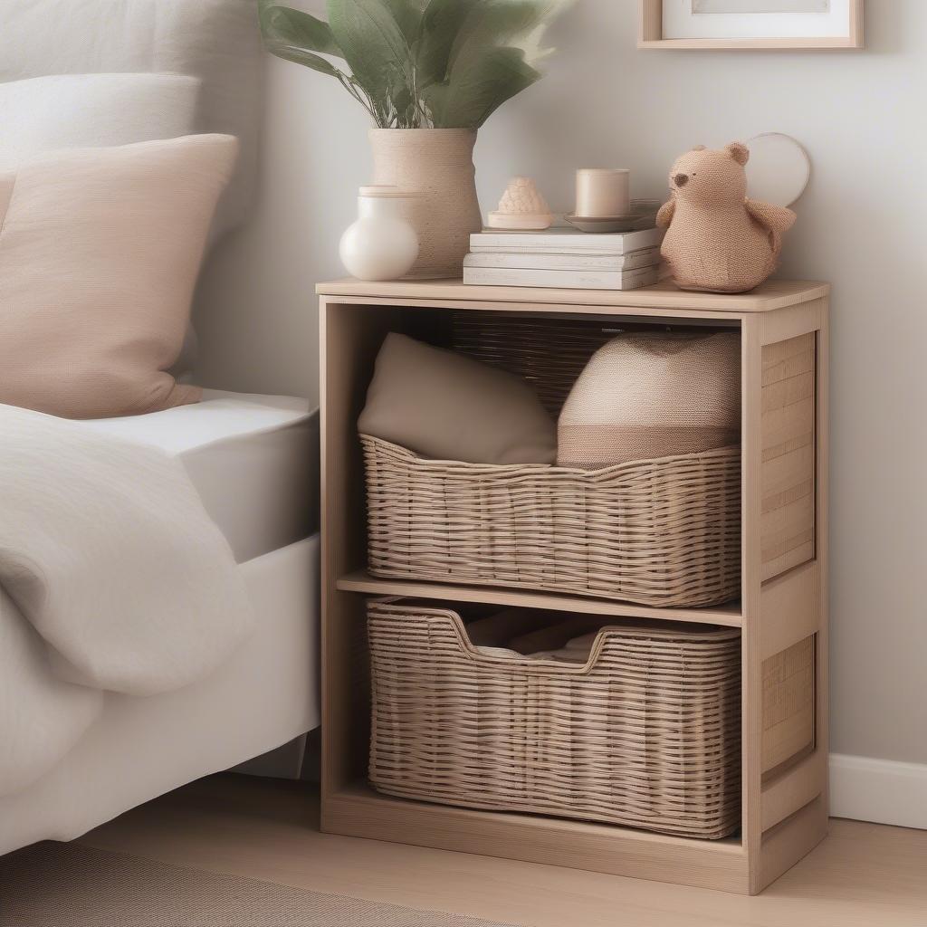 Wicker Cubby Organizing Clothes and Accessories in Bedroom