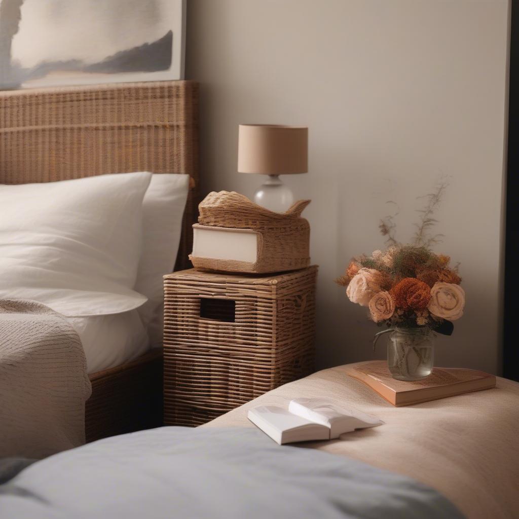 A wicker storage cube used as a nightstand in a bedroom, showcasing its versatility and aesthetic appeal.