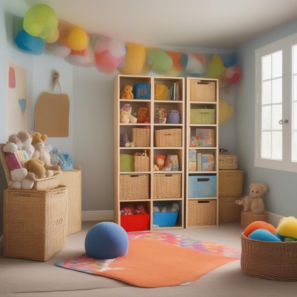 A wicker storage cube in a child's room, used to organize toys and books, highlighting its practicality and child-friendly design.