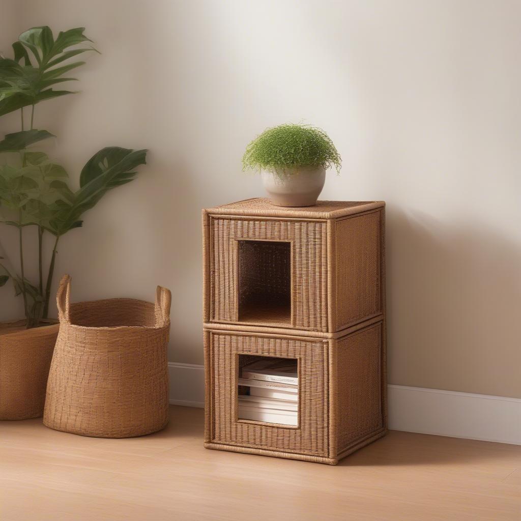 Wicker storage cube in a living room setting, showcasing its organizational and aesthetic appeal.