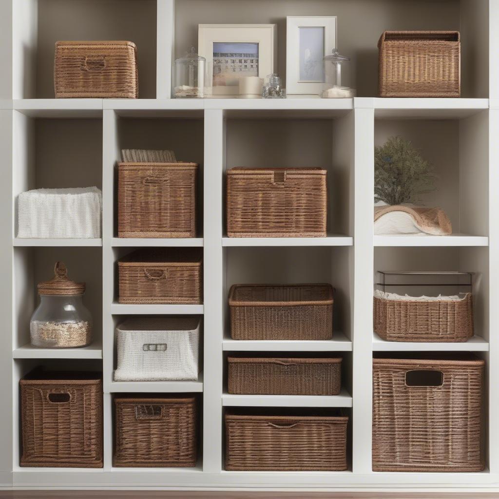 Different sizes of wicker storage cubes with lids at Michaels