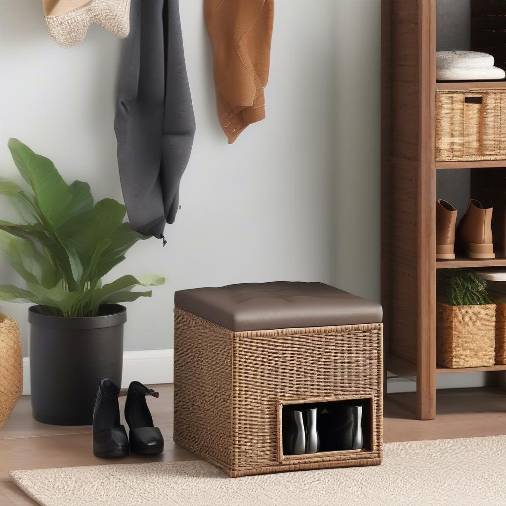 Wicker storage cube ottoman in an entryway, serving as a seat and storage for shoes.