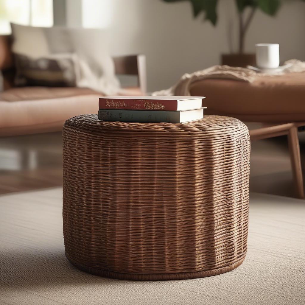 Wicker storage cube ottoman in a modern living room setting, showcasing its versatility and style.