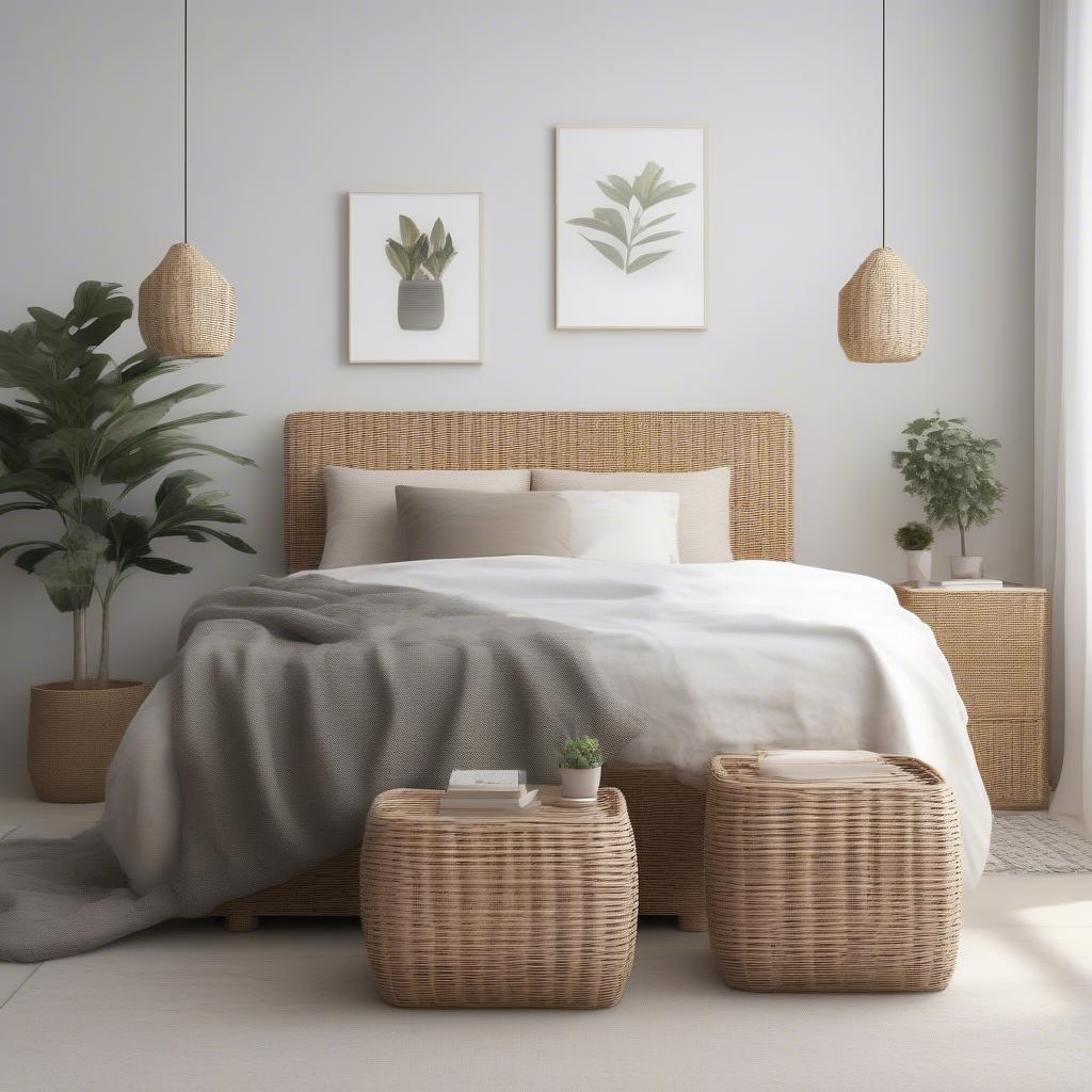 12x12 wicker storage cubes used as nightstands in a minimalist bedroom.