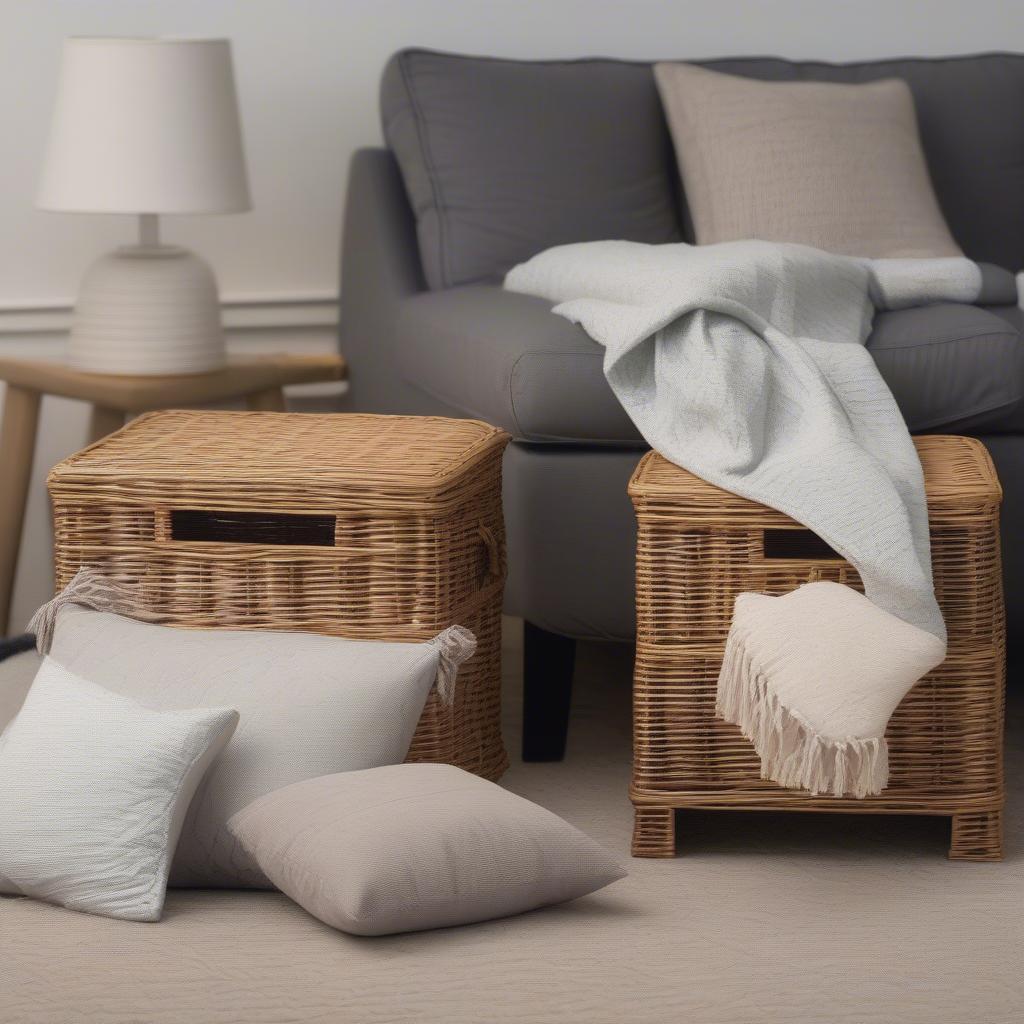 12x12 wicker storage cubes neatly organizing blankets and throws in a cozy living room setting.