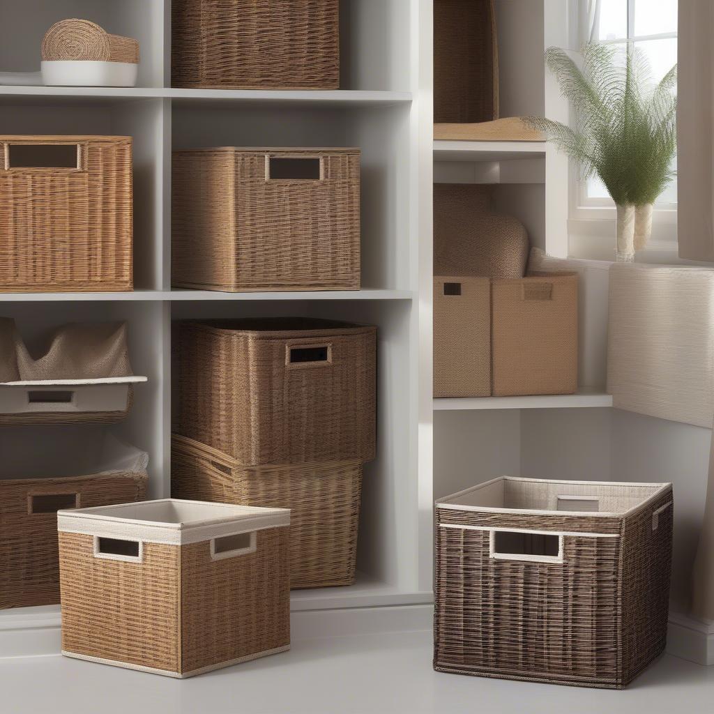 Different styles of 12x12 wicker storage cubes showcasing various weaves, colors, and lining options.