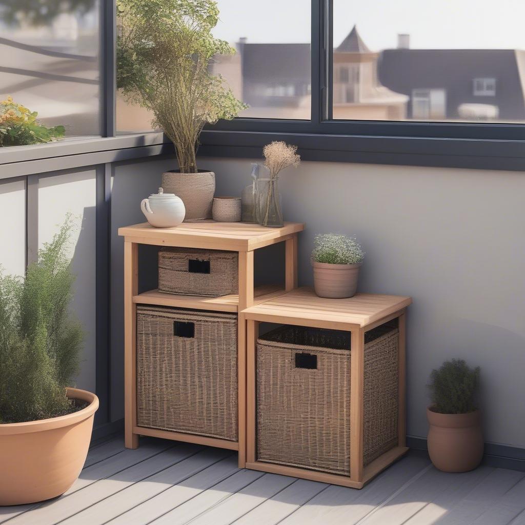 Wicker storage cubes on a small balcony