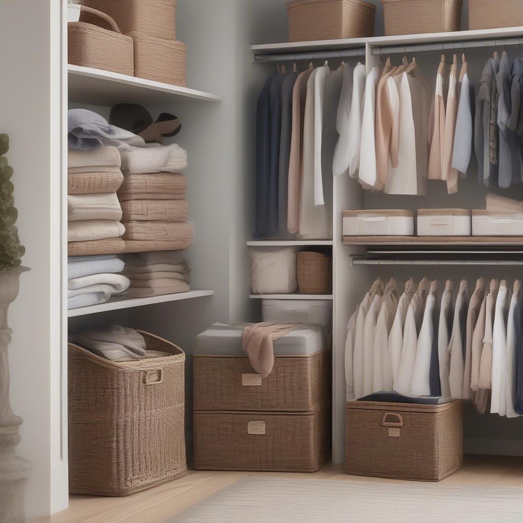 Wicker storage cubes used for organizing clothes in a bedroom