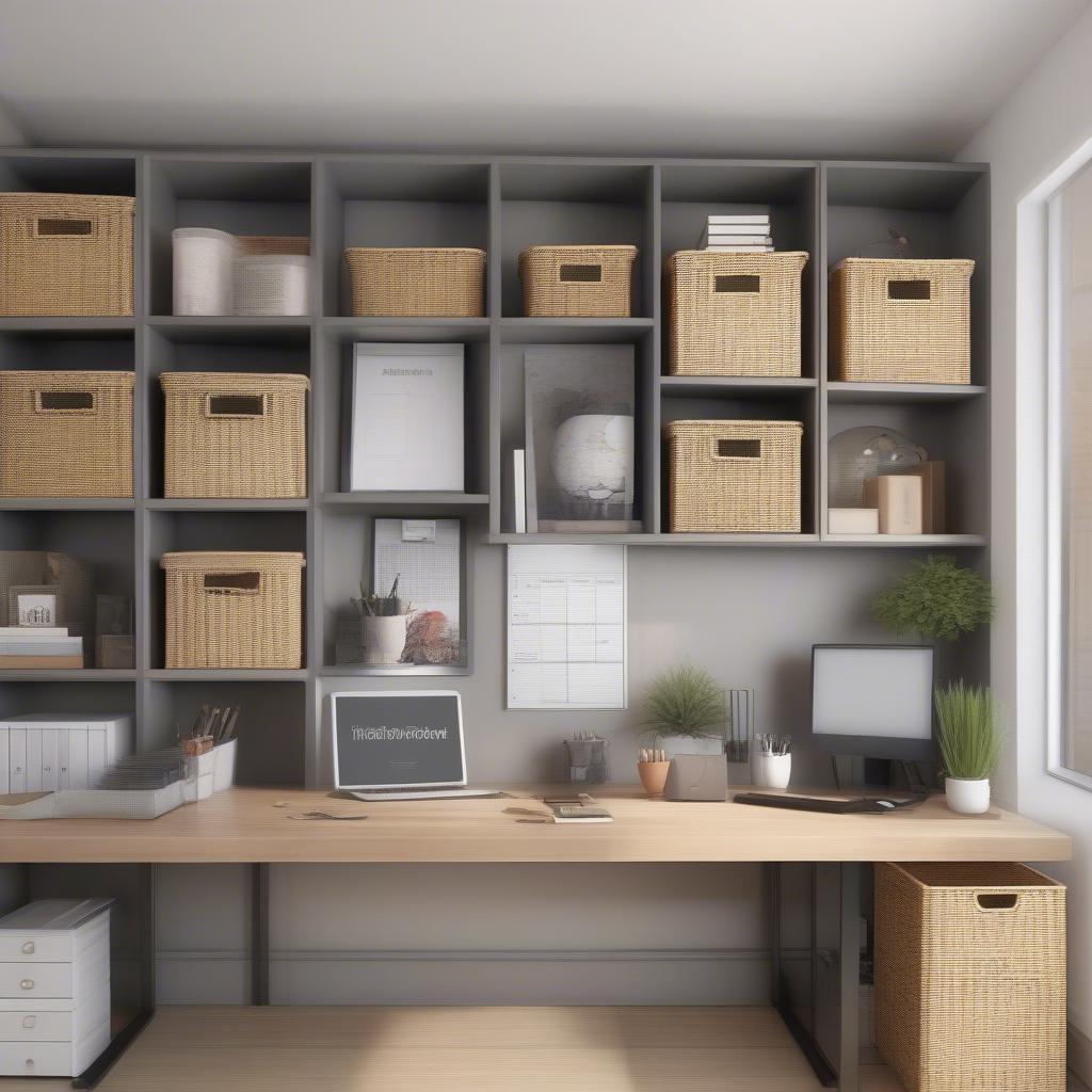 Wicker storage cubes used in a home office for organization