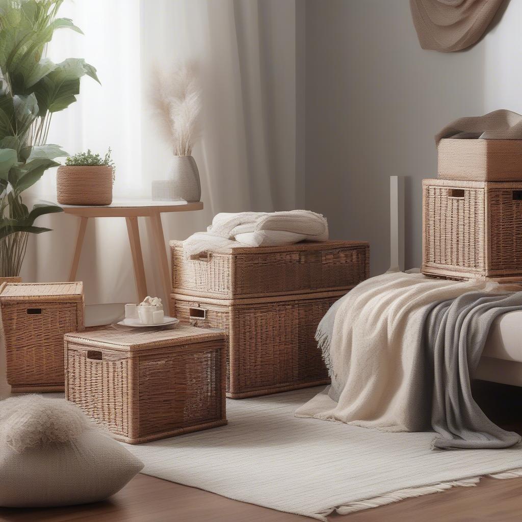 Wicker storage cubes neatly organizing blankets and books in a living room setting