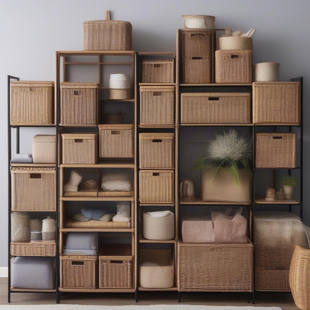 Variety of wicker storage cubes showcasing different sizes, shapes, and colors.