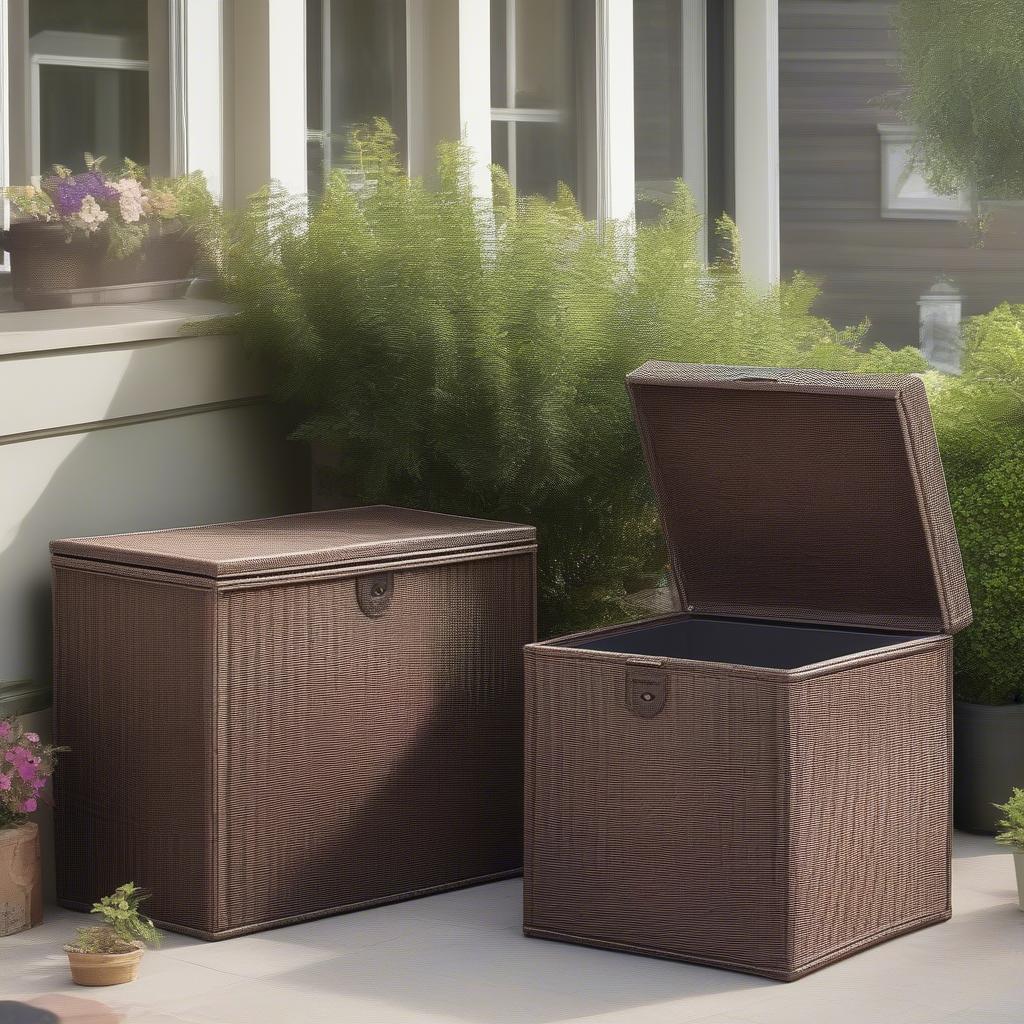 Variety of wicker storage deck boxes on a patio