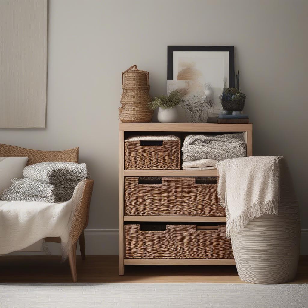 Wicker storage drawer unit in a living room setting, showcasing its stylish design and organizational capabilities.