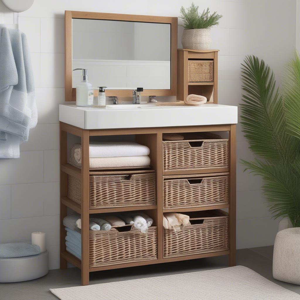 5 drawer wicker storage unit in a bathroom