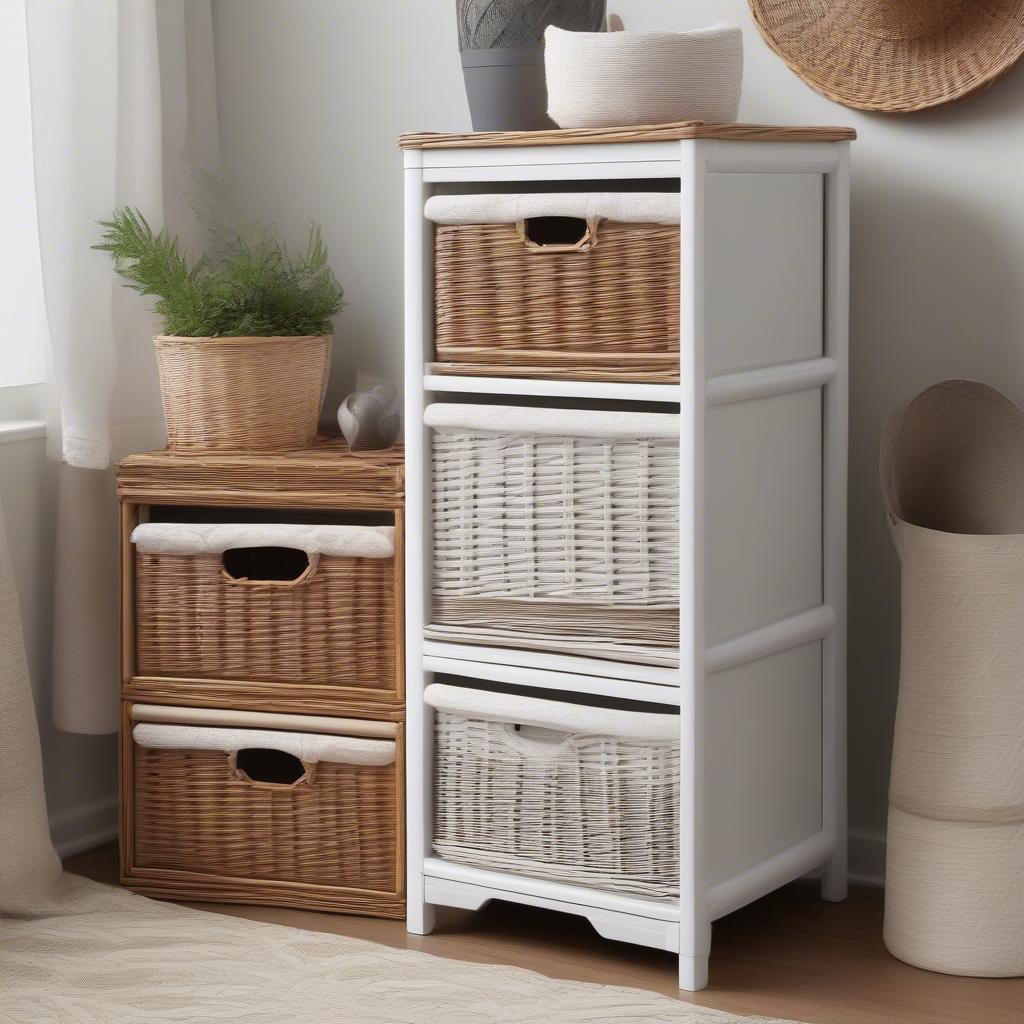 Different styles of tall wicker storage drawers in a bedroom, showing variations in size, color, and design to suit various preferences and storage needs.