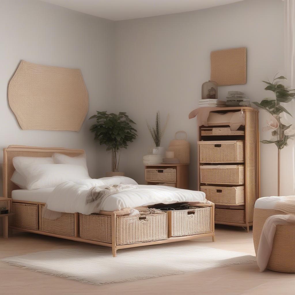 Wicker storage drawers used for organization in a bedroom.