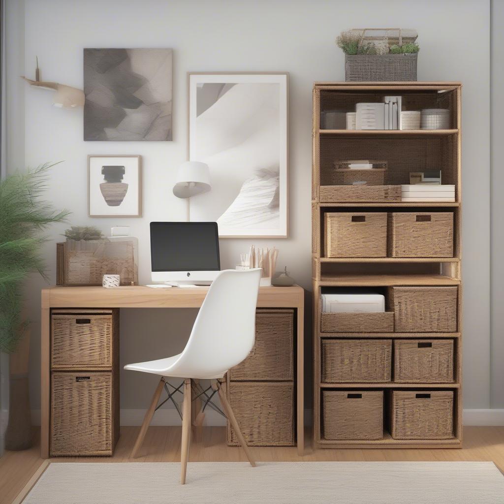 Tall wicker storage drawers in a home office setting, demonstrating their versatility and organizational benefits for workspaces.