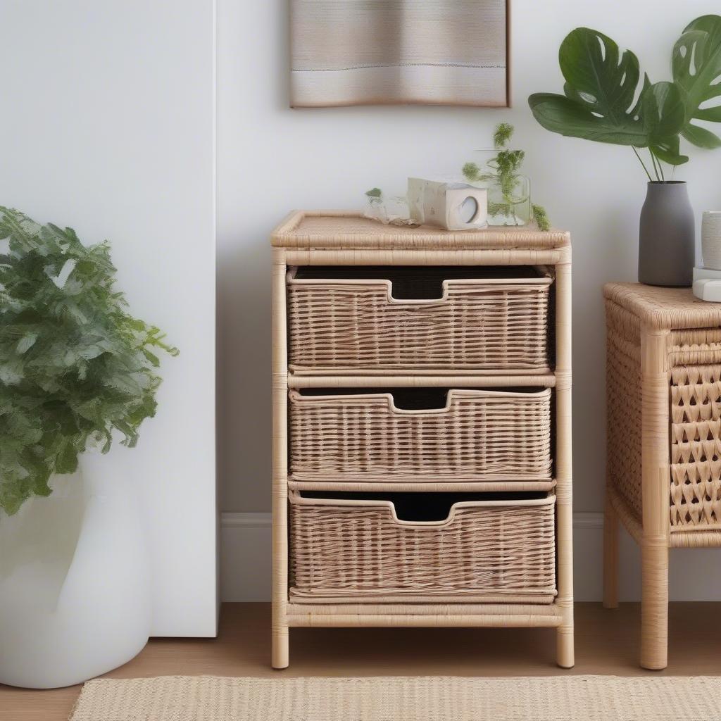 Wicker storage drawers in an IKEA-inspired style, showcasing various sizes and configurations for different storage needs.