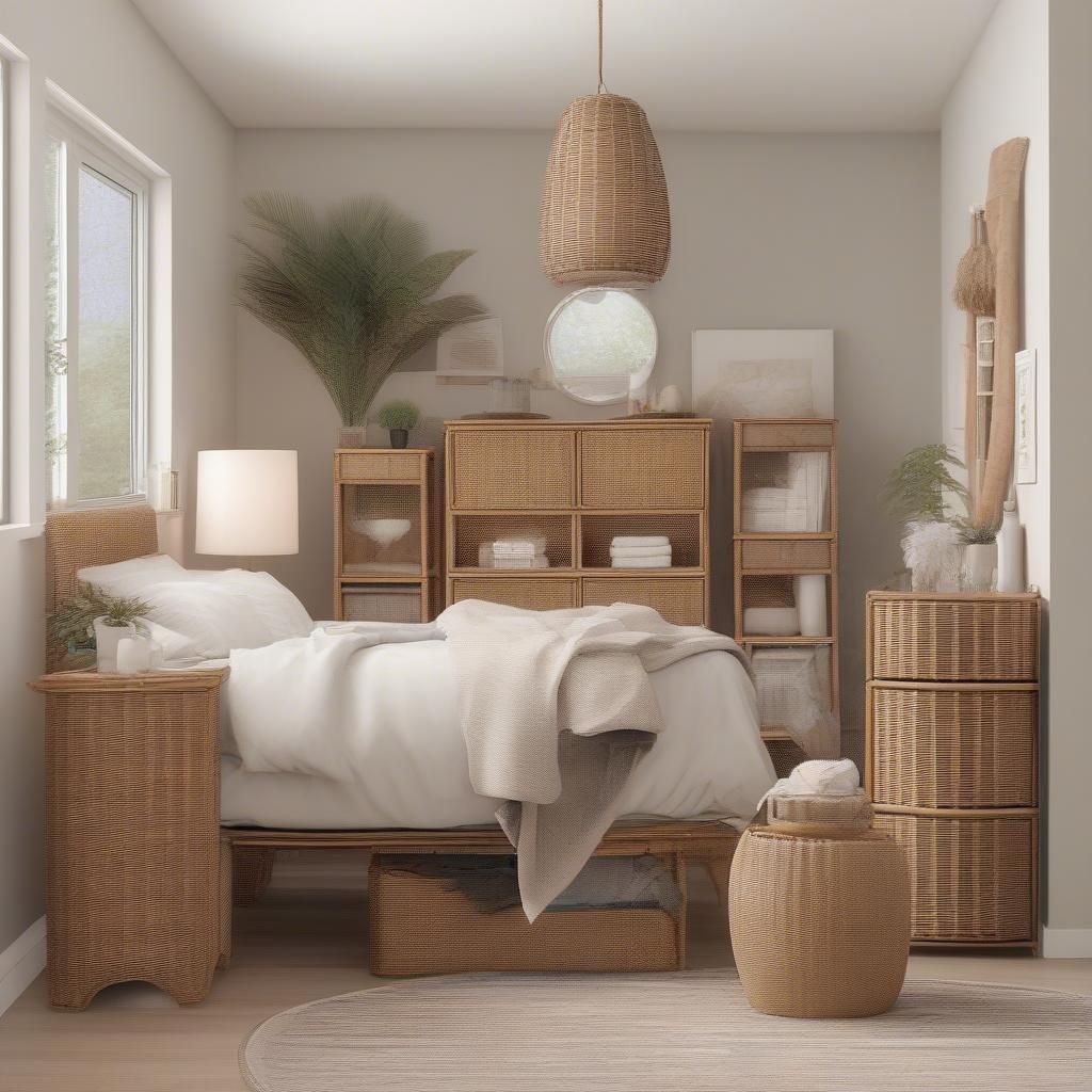 Wicker storage drawers used in different rooms of a house, such as the bedroom, bathroom, and living room, demonstrating their versatility.