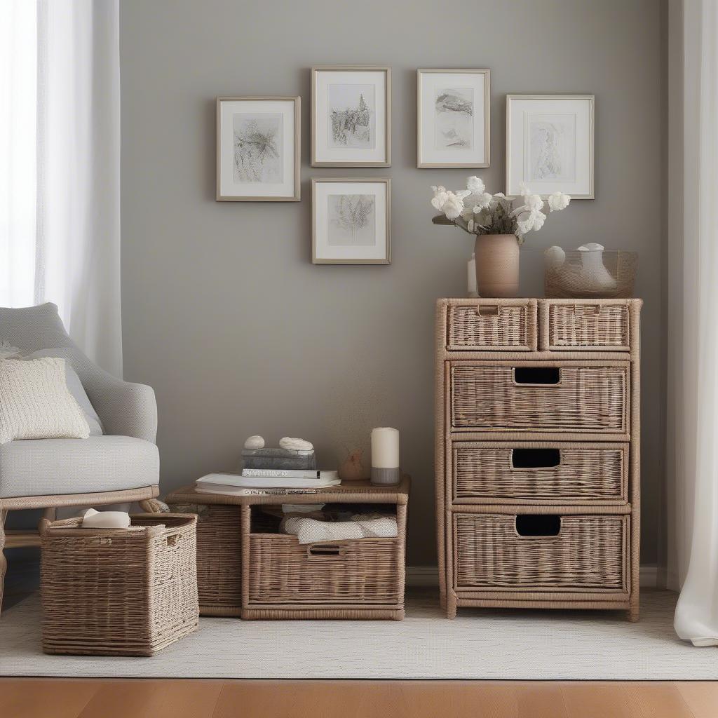 Wicker storage drawers with various sizes and designs placed in a living room, showcasing their versatility and aesthetic appeal.