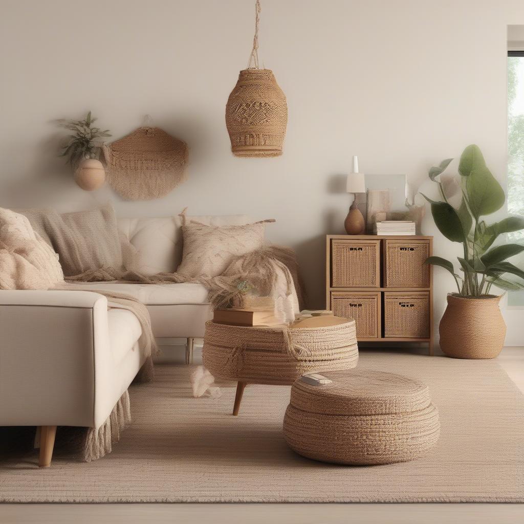 Wicker storage drawers in a living room