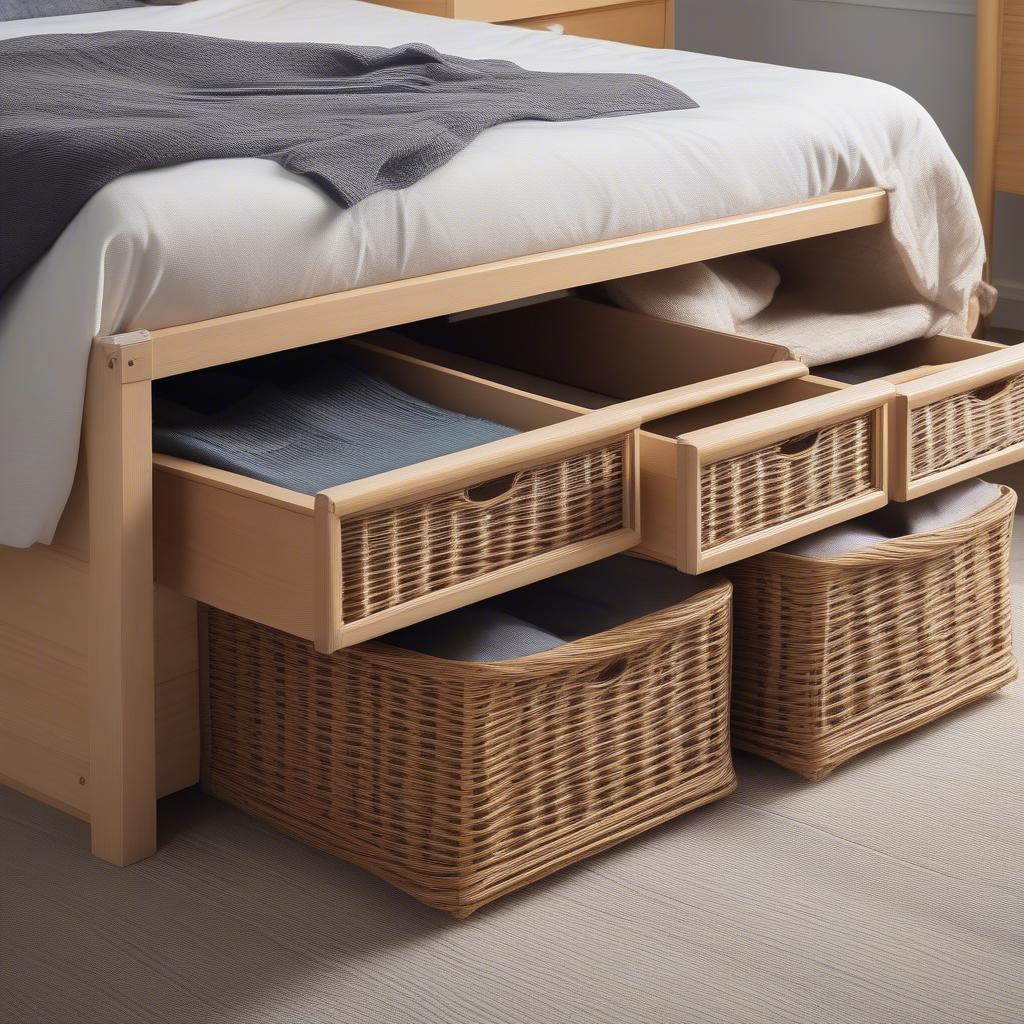 Wicker Storage Drawers Under a Bed: showing a bed with wicker storage drawers underneath, highlighting easy access and organization.