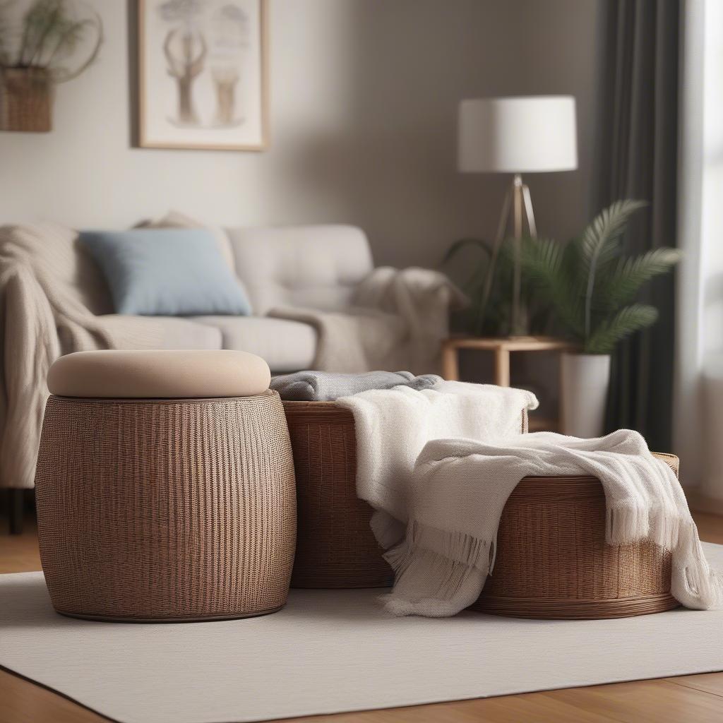 Wicker Storage Hassocks in a Living Room Setting