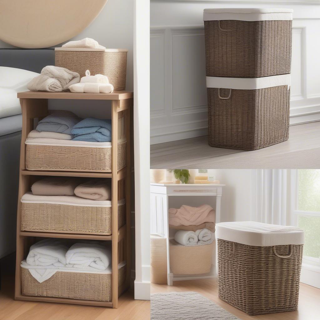 Wicker storage bins used in different rooms for various storage purposes, demonstrating their versatility and practicality.