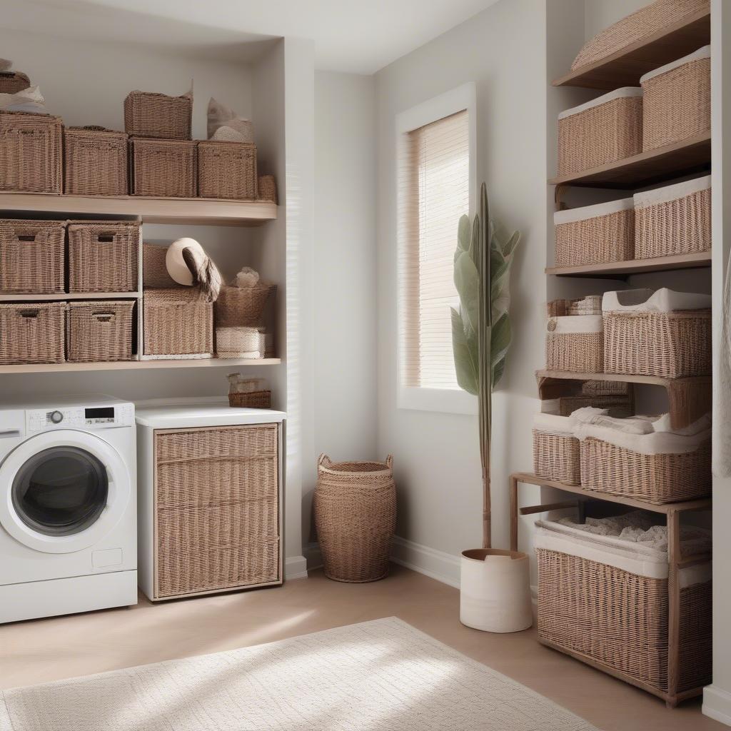 Wicker storage hampers and baskets in a bedroom.