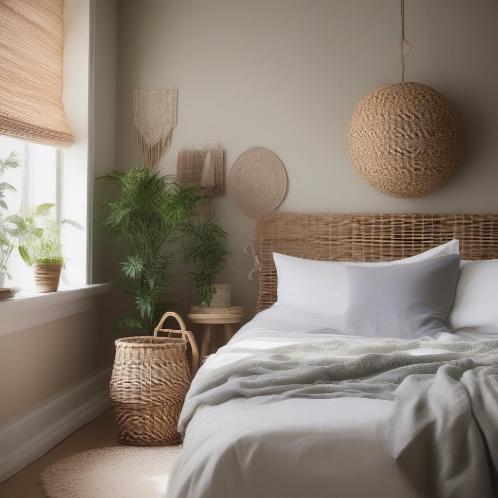 Ikea wicker storage incorporated into bedroom décor