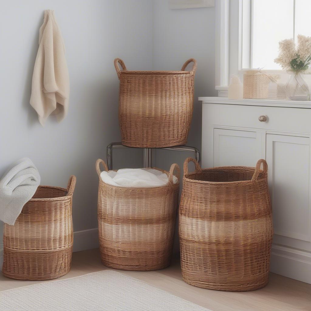 Examples of wicker storage used in various rooms of a house