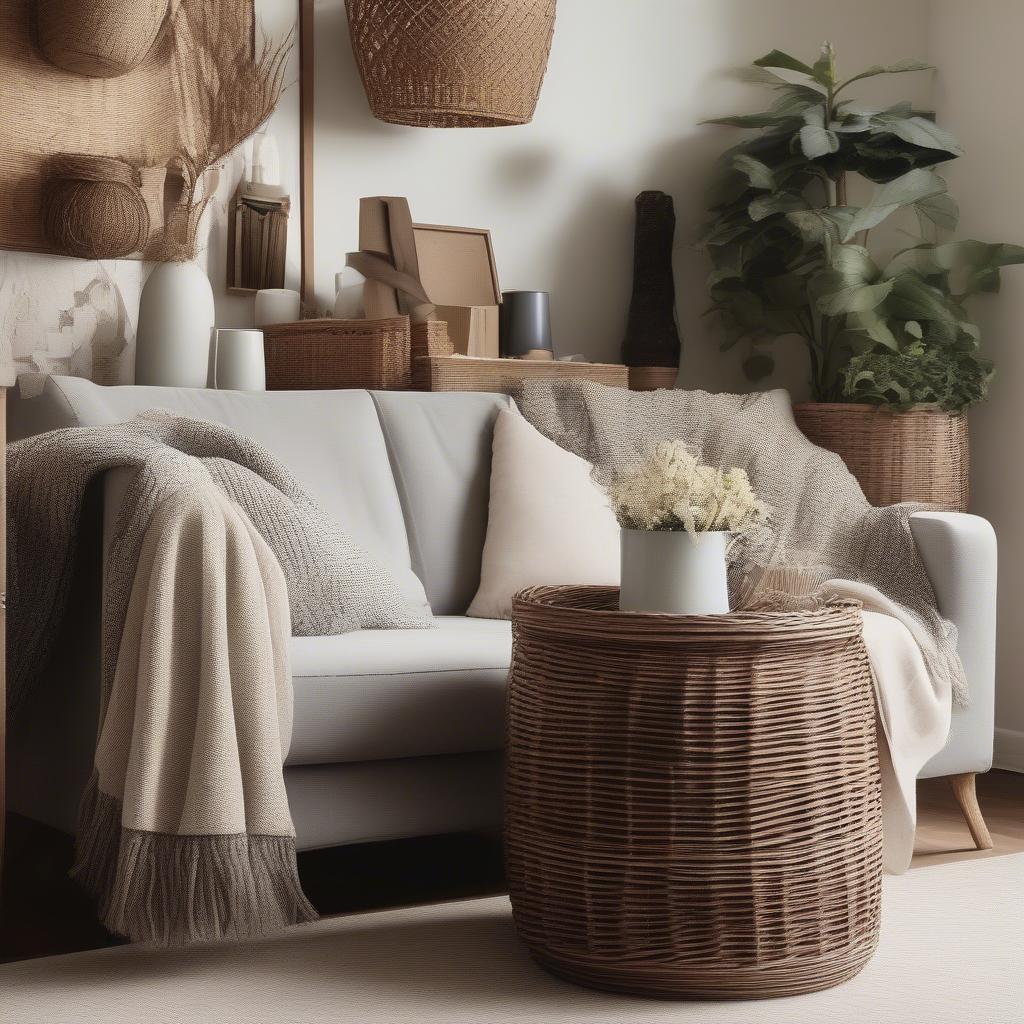 Wicker storage baskets used in a living room setting.