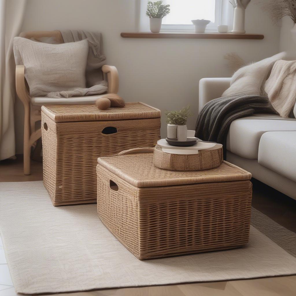 Wicker Storage Boxes in a Living Room Setting