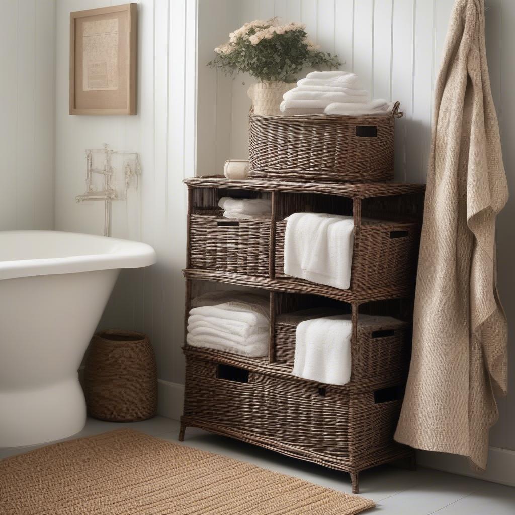 Tall wicker storage baskets used in different rooms of a home, like the living room, bedroom, and bathroom.