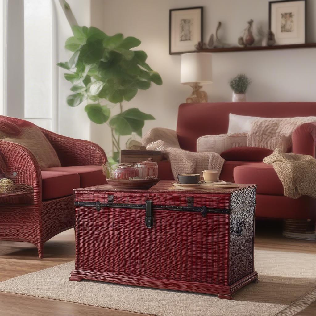 Wicker Storage Mahogany Red in a Living Room Setting