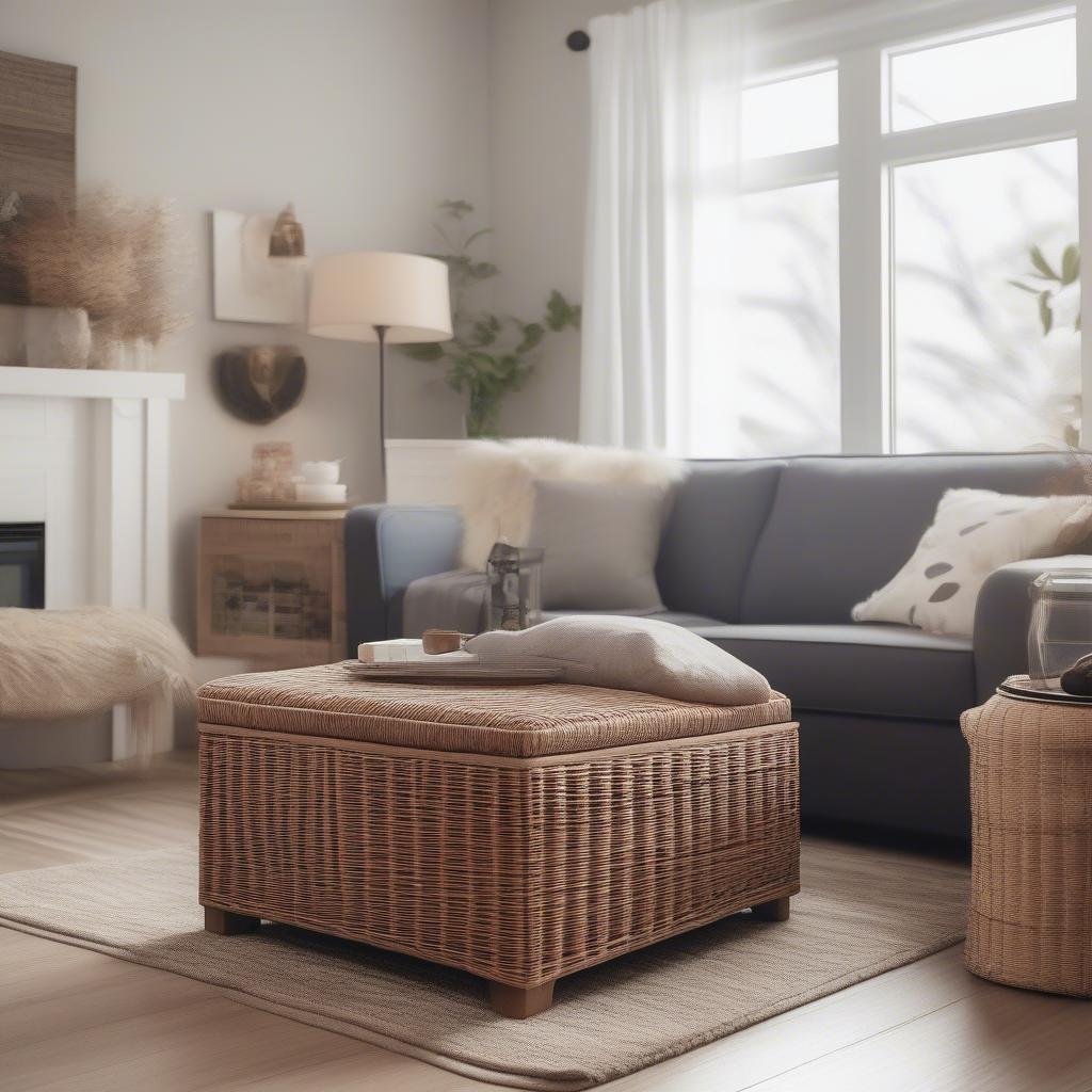 Wicker storage ottoman in a Canadian living room setting