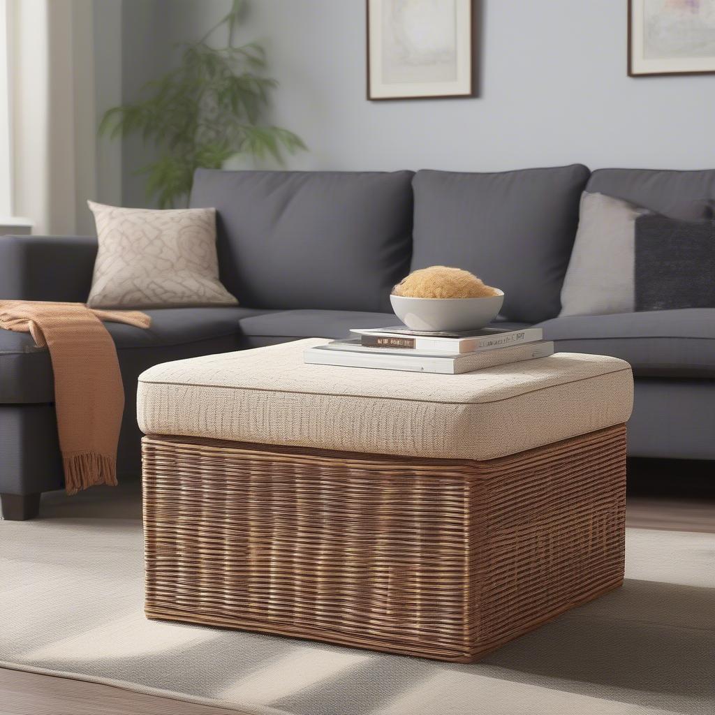 Wicker storage ottoman in a living room