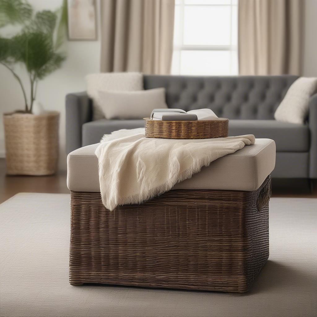 Wicker storage ottoman in a living room setting, showcasing its practicality and style.