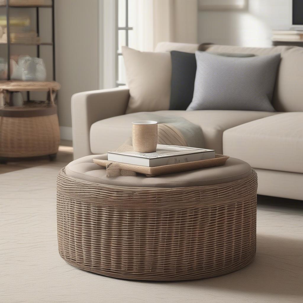 Wicker Storage Ottoman in a Living Room