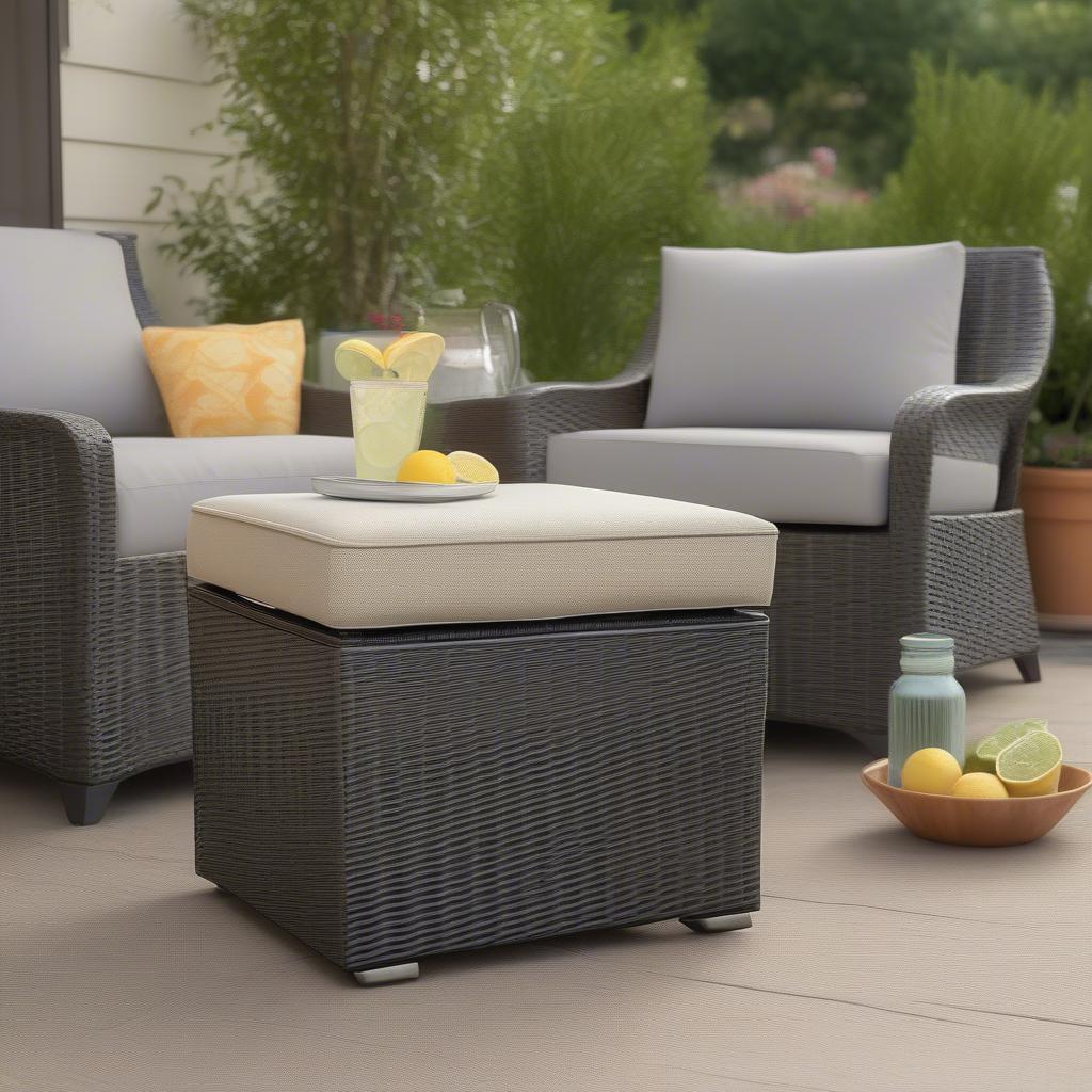 Wicker storage ottoman with tray on an outdoor patio