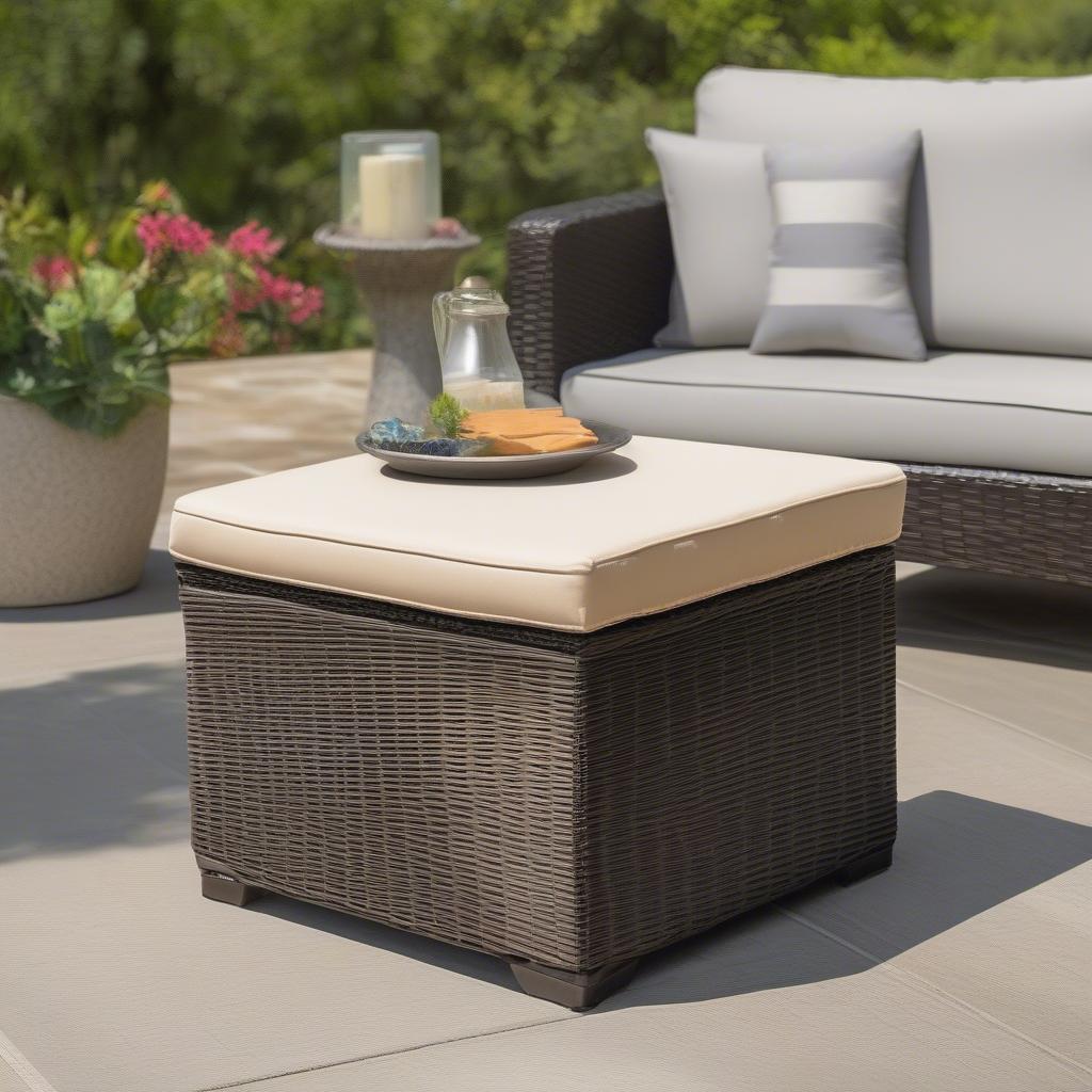 Wicker Storage Ottoman in a Patio Setting